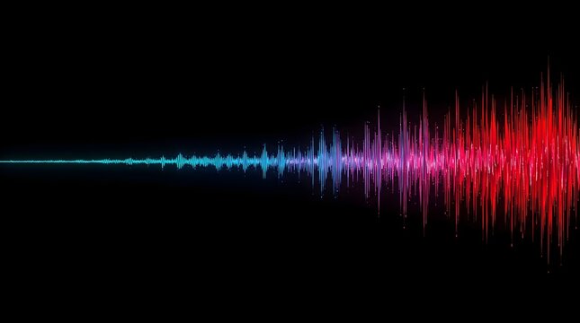 Sound wave audio frequency equalizer gradient from blue to red showing volume increase on black background with copy space