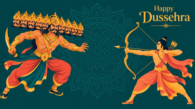 Courageous lord rama battling fierce ten headed demon ravana in colorful traditional mythological vector art style for happy dussehra and durga puja