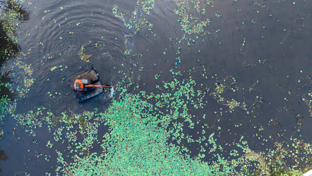 Aerial view of an orange excavator on a floating platform cleaning a pond filled with green lily pads in India.