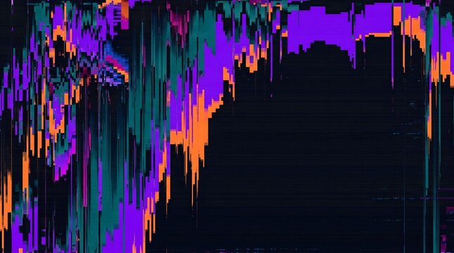 Abstract digital glitch background with purple and orange pixel sorting effect and dark copy space for cyber technology design