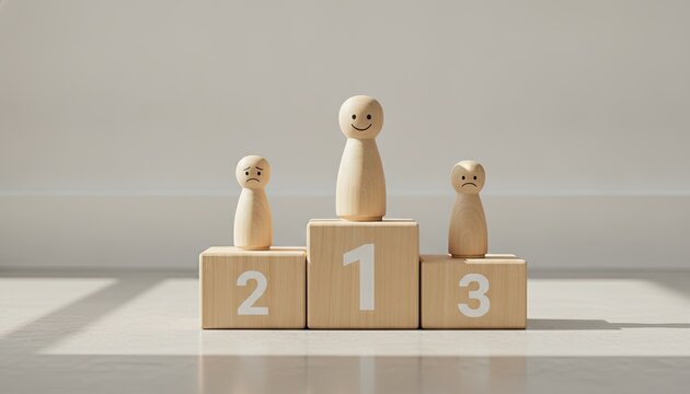 Three wooden figurines stand on a minimalist number-labeled pedestal representing competitive ranking in a professional business success scenario.