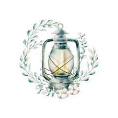 Watercolor vintage lantern with eucalyptus wreath and cotton. Hand drawn rustic lamp illustration for cozy Christmas and autumn greeting cards. Detailed realistic retro light template for modern eco b © Natalia