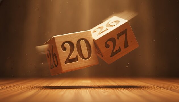 Two wooden blocks spin in midair as they shift from displaying the year twenty twenty six to the upcoming year twenty twenty seven in a creative transition.