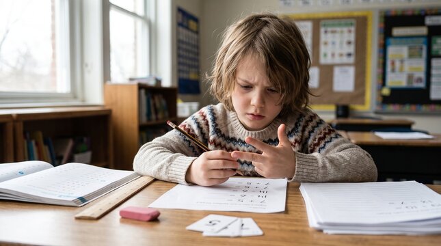 Child Struggling With Mathematics While Counting On Fingers - Dyscalculia Math Struggle Elementary School 