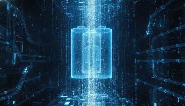 Pair of glowing blue battery icons float inside a futuristic data tunnel filled with streaming binary code and fiber optic cable connections.