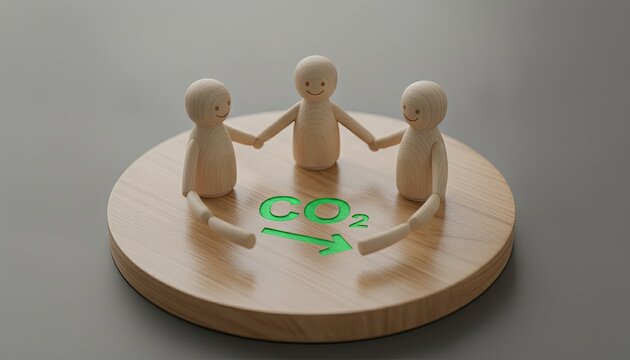 Three wooden figures hold hands in a circle around a glowing green co2 symbol with an arrow on a circular wooden platform representing sustainability.