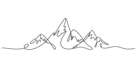 Minimalist mountain range illustration drawn with a single continuous black line isolated on a white background for travel and nature themed projects Vector, illustration © Coloring Pages Line 