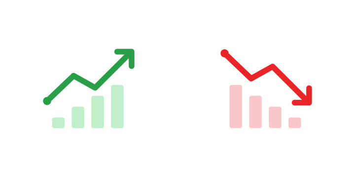 Growth and Decline Trend Arrow Icons with Bar Charts in Red and Green