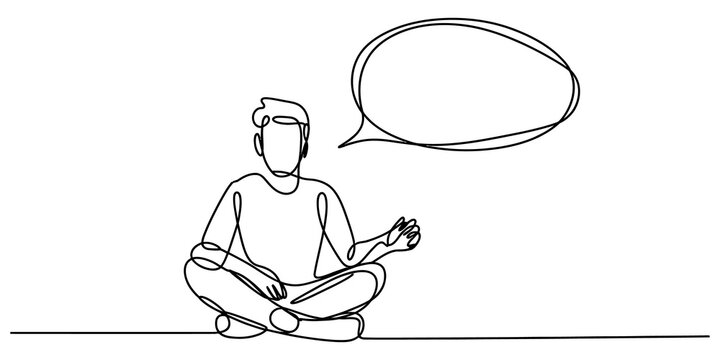 Continuous single line drawing of a man sitting cross legged and thinking with an empty speech bubble above his head for message or quote design isolated on transparent background