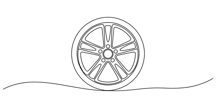 Black outline drawing of a modern car wheel rim rolling on a wavy line representing the road surface for automotive design and transportation concepts isolated on transparent background