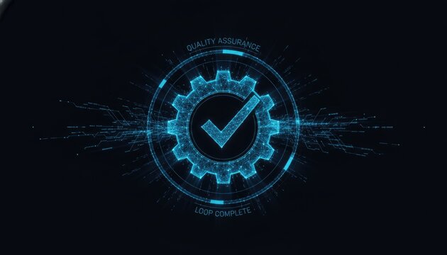 Digital gear and checkmark graphic animation represents quality assurance and loop completion in a modern high technology computing environment setting.