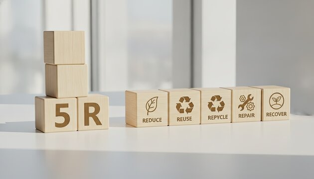Wooden blocks arranged on a table demonstrate the five r principles of sustainability with icons representing reduce reuse recycle repair and recover.