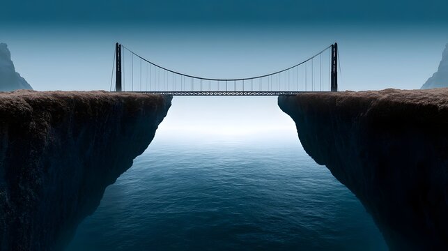 A suspension bridge spans a deep chasm between two rocky cliffs over calm blue water under a gradient sky