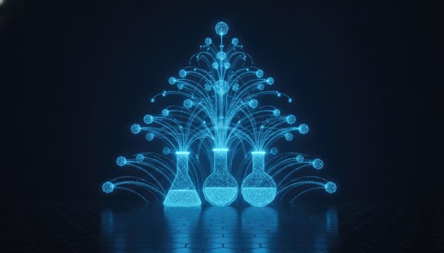 Glowing blue holographic chemical flasks with network node connections forming tree shape on dark grid floor showing scientific innovation research.