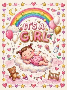 It's a Girl. Birth Announcement & Baby Shower Card. For baby shower invitations, newborn announcement cards, welcome baby greeting cards, nursery wall art, baby birthday decorations, children room