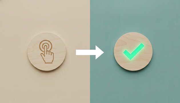 Hand interaction icon and green checkmark on wooden circles connected by arrow against split beige and teal background showing user confirmation.