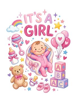 It's a Girl. Birth Announcement & Baby Shower Card. For baby shower invitations, newborn announcement cards, welcome baby greeting cards, nursery wall art, baby birthday decorations, children room
