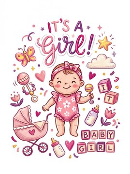 It's a Girl. Birth Announcement & Baby Shower Card. For baby shower invitations, newborn announcement cards, welcome baby greeting cards, nursery wall art, baby birthday decorations, children room