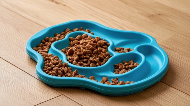 Blue spiral slow feeder holds kibble for interactive dog feeding