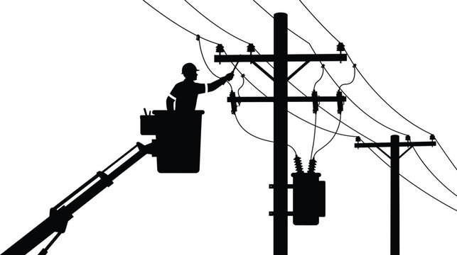 Electric Utility Lineman Repairing Power Lines on Utility Pole with Bucket Truck Silhouette Illustration