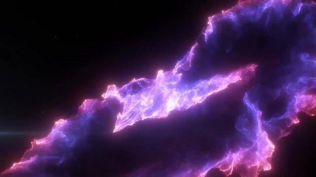 Glowing purple energy cloud forms an abstract shape against a dark cosmic background