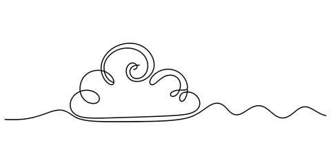 Continuous single line drawing of a fluffy cloud shape over a wavy horizon line representing weather and sky concept in a simple minimalist art style isolated on transparent background © Coloring Pages Line 