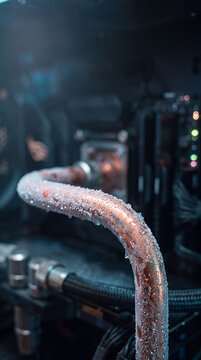 Frosted liquid cooling tubes inside a computer server. Data center infrastructure for artificial intelligence and cybersecurity. High-performance computing and network technology.