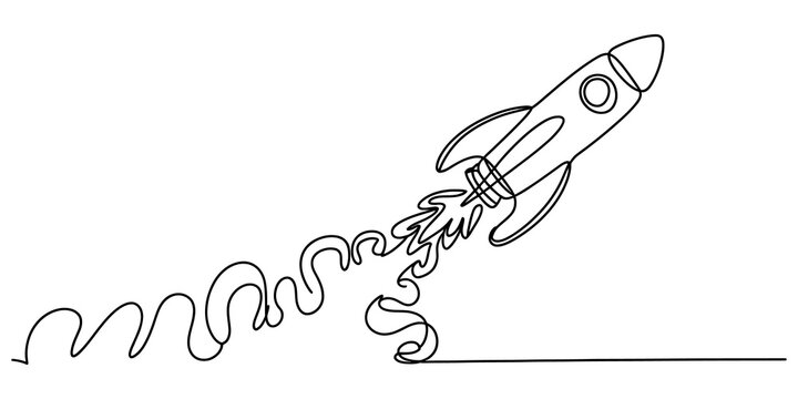 Continuous single line drawing of a flying space rocket ship taking off into the sky with a swirling cloud of smoke trail in a minimalist art style isolated on transparent background