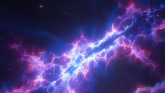 Glowing cosmic filaments form a branching nebula across a dark interstellar field