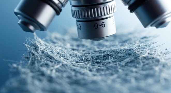 Close-up of a microscope lens observing fibrous, tangled material on a blue backdrop