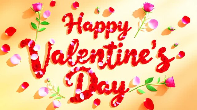 Happy valentines day handwritten lettering animation video with red rose petals and pink flowers on orange background romantic greetings video for celebration of love and marriage proposal