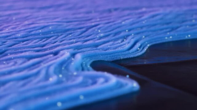 Glowing blue surf curls in rippled bands along a dark shoreline at night