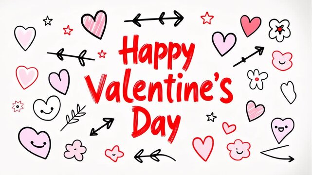 happy Valentine's day animation video with hand-drawn doodle style, Dynamic motion graphics featuring hearts and flowers wishing  festive animated elements for romantic celebrations and greetings