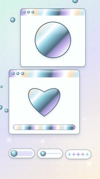Collection of iridescent user interface windows with pastel gradients, featuring circular and heart shapes on a light purple dotted background