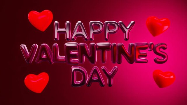 Happy Valentine's Day animation video typography on pink and magenta background with y2k style three dimensional floating hearts, romantic greeting video clip