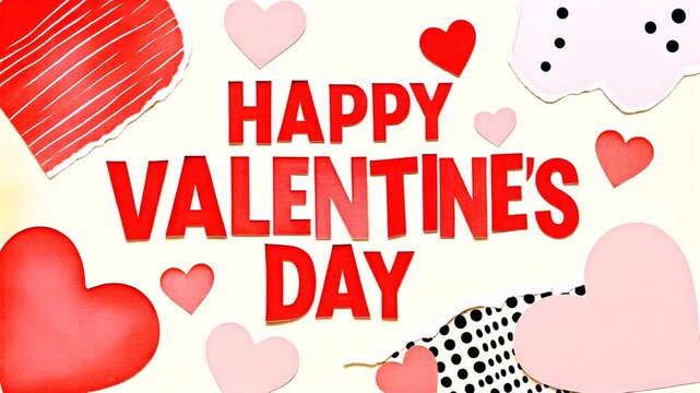 Retro pop art collage style Animated happy valentine's day animation video text with floating hearts and torn paper elements, romantic celebration motion graphic footage
