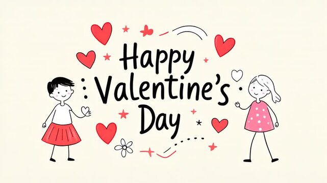 Valentine greeting card animation video with cute hand drawn doodle characters and hearts motion graphics video featuring festive holiday typography for romantic celebration and love presentation