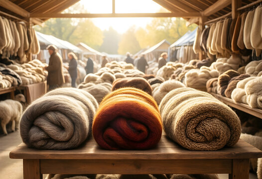 Sustainable wool production and traditional craft, rolls of raw sheep wool on a wooden table at a rustic outdoor market with people shopping
