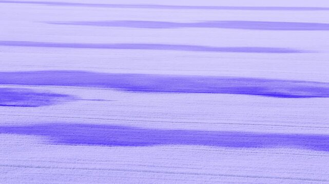 Snowcovered fields stretch in parallel bands across a pale purple winter landscape