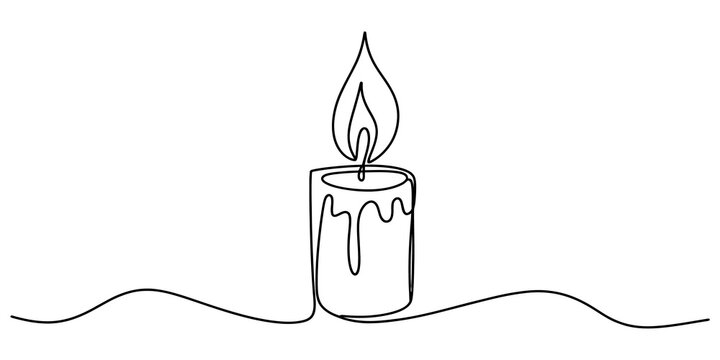 A continuous single line drawing of a burning candle with a flickering flame isolated on a simple white background for design isolated on transparent background, illustration