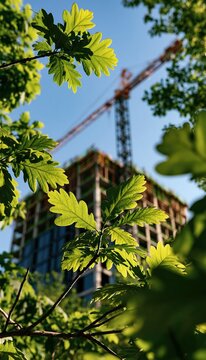 Urban tree canopy framing high - rise construction with crane against clear sky