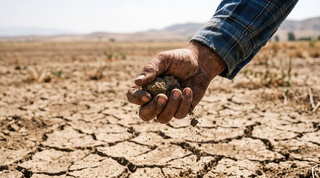 Farmer hands holding dry soil over a cracked parched earth field illustrating extreme drought agricultural challenges and climate