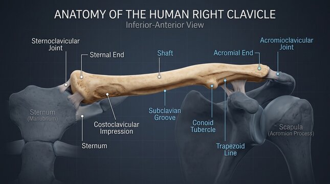 Anatomical diagram of the human right clavicle bone showcasing inferior and anterior views with key structural labels