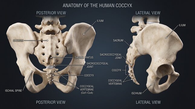 Anterior and lateral view of the human pelvic girdle anatomy with pelvis hip bone skeletal system 3D render medical imag