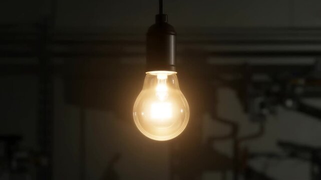 Unlit glass light bulb hangs motionless from ceiling in a dim, blurred interior