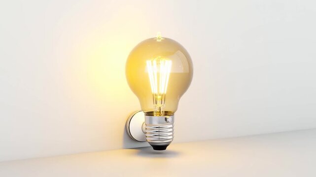 Vintage light bulb displayed on a clean white wall with exposed filament and metal base