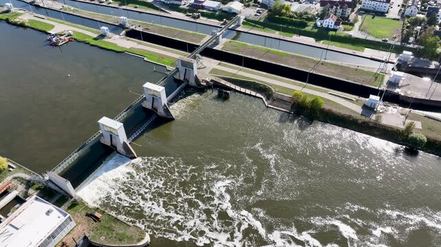 Aerial view of weir and lock on River Main in Germany - aerial view