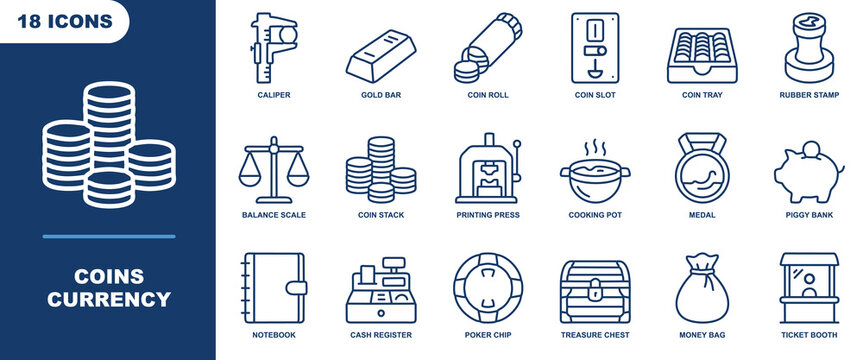 Coins currency icon sheet featuring line symbols for money, gold bar, scale, piggy bank, and cash register