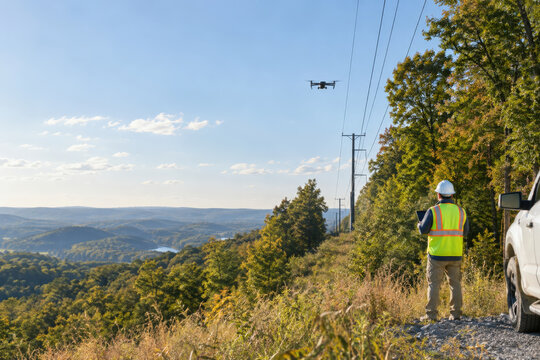 Electrical Grid Worker Surveying Tree Clearance Along Rural Transmission Lines
