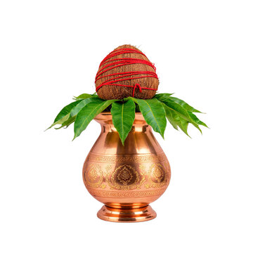 Traditional Copper Kalash with Coconut Mango Leaves and Sacred Red Thread